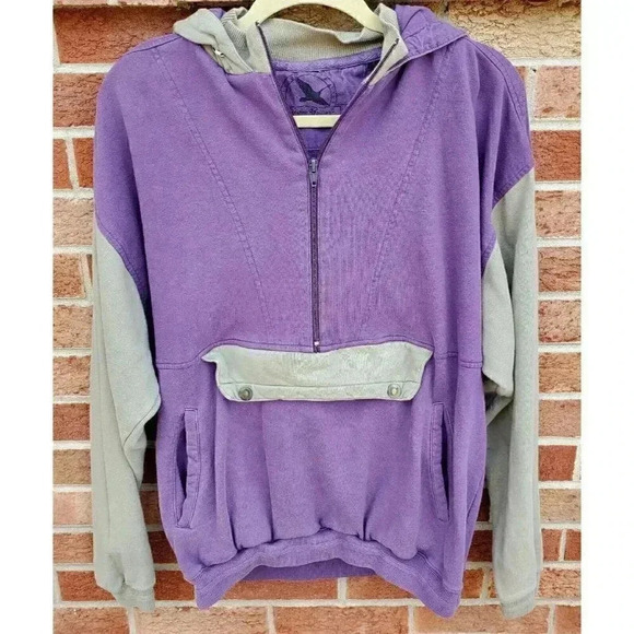 Vintage Eddie Bauer Hooded Sweatshirt Women's Size Med Purple & Grey 1/2 Zip Y2K - Picture 1 of 9